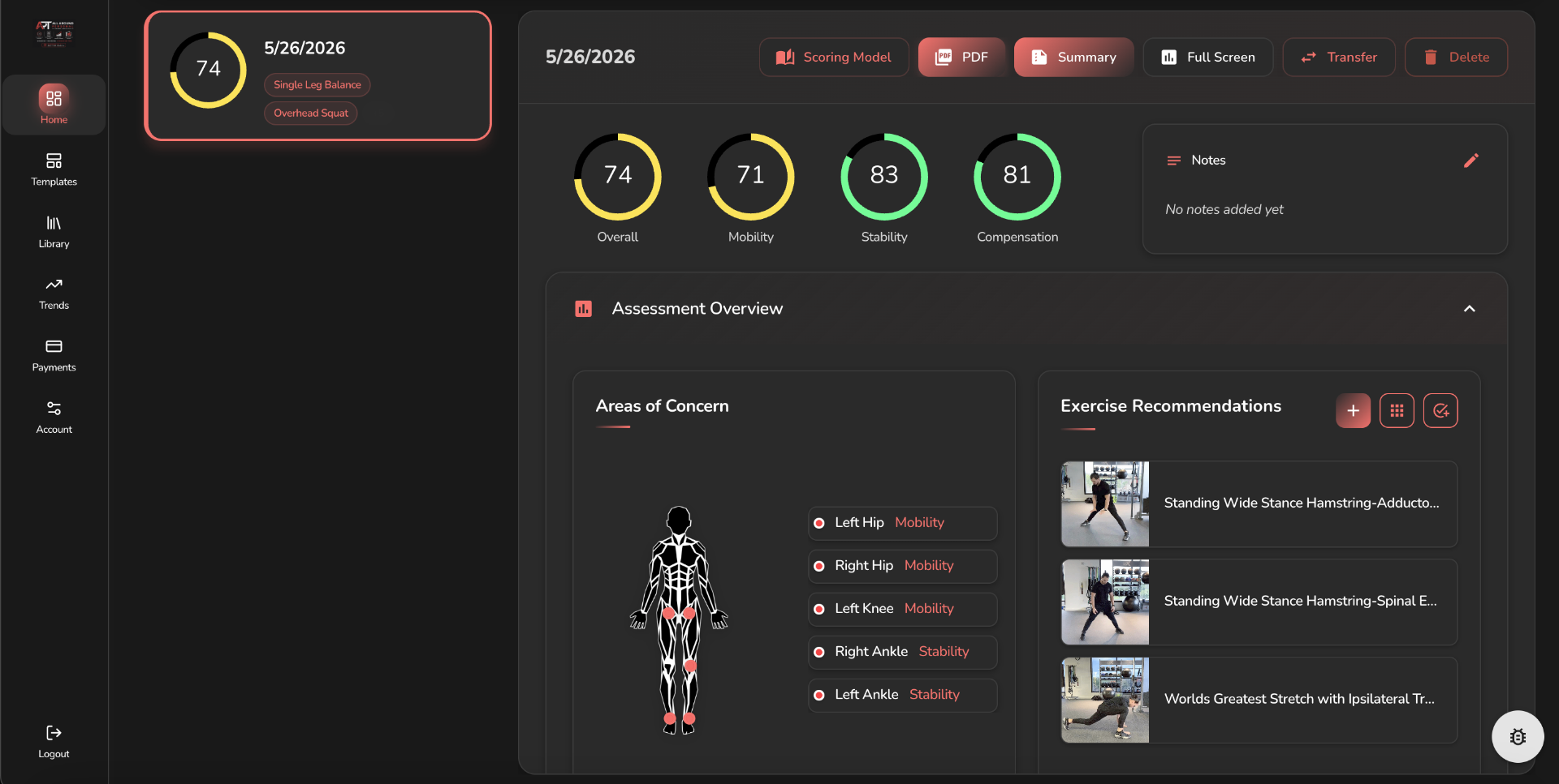 All Around Personal Training app dashboard — bio-scan scores, areas of concern, and exercise recommendations